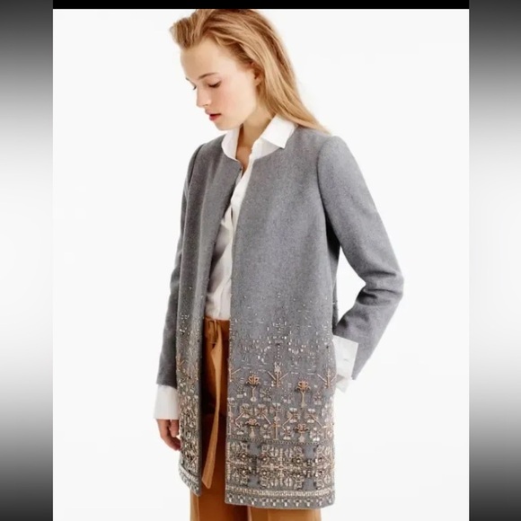 J.Crew Collection Embellished Cocoon Coat in Gray Beaded Wool Topcoat Sz 0 NEW - Picture 3 of 10